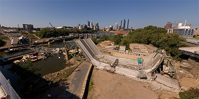 Collapsed I-35W bridge seen from the north end of the 10th Ave. bridge