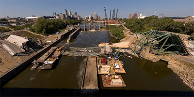 Collapsed I-35W bridge seen from the middle of the 10th Ave. bridge.