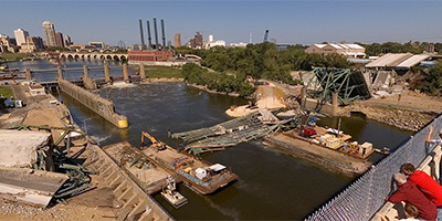 Collapsed I-35W bridge seen from the south end of the 10th Ave. bridge.