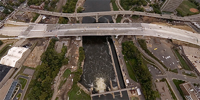 New I-35W bridge from Lower St. Anthony Falls Lock and Dam
