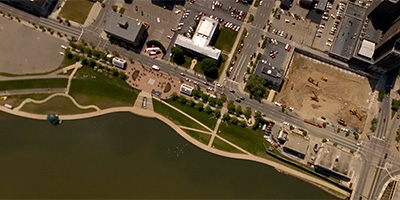 Over  Riverscape on the Miami River in downtown Dayton, Ohio.