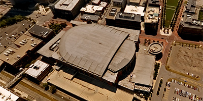 Over Nationwide Arena in downtown Columbus, Ohio.