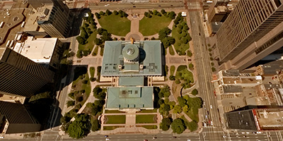 Over the Ohio Statehouse in downtown Columbus, Ohio.