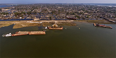 Aerial panorama of repair work on the Industrial Canal levee in New Orleans after Katrina.