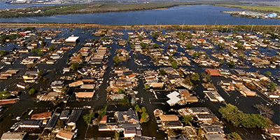 Aerial panorama over New Orleans’ flooded Ninth Ward after Katrina and Rita.
