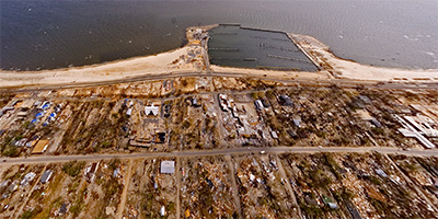 Aerial panorama of downtown Pass Christian after Hurricane Katrina.