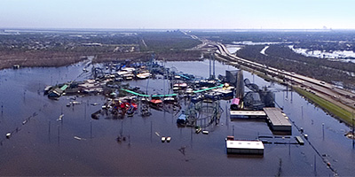Aerial panorama over flooded New Orleans Six Flags after Katrina.