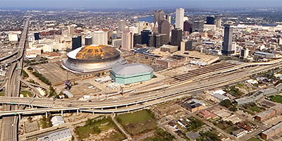 360 degree aerial panorama near the New Orleans Superdome after Katrina and Rita.