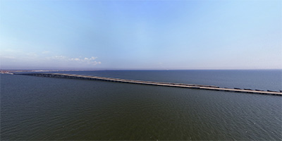 Aerial panorama of the I-10 Twin Spans on Lake Pontcartrain after Katrina.