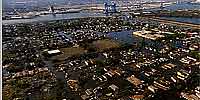 Aerial panorama over New Orleans' flooded Ninth Ward after Katrina and Rita.
